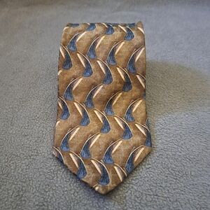 Oscar De La Renta Silk necktie‎ iridescent geometric pattern men's tan navy EUC